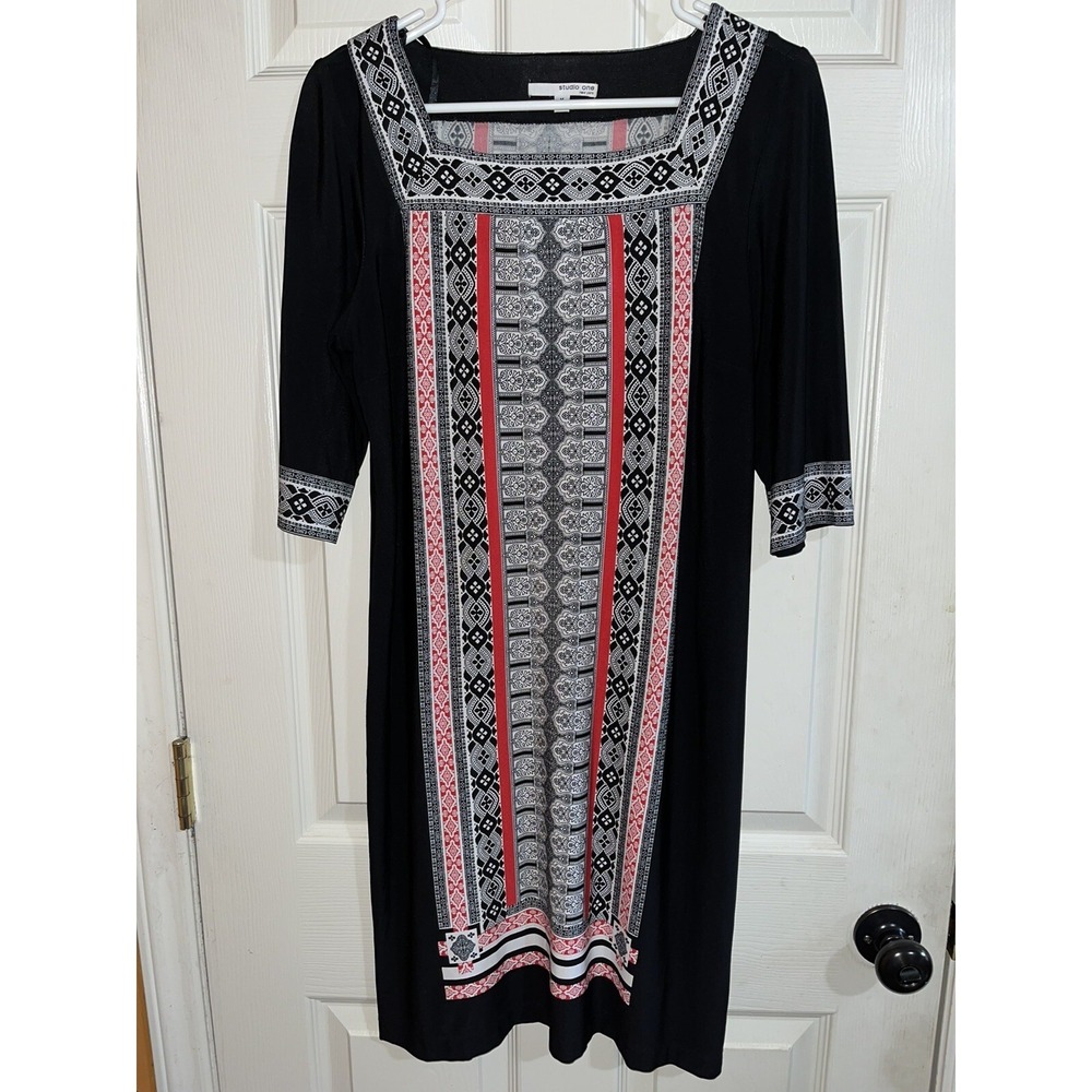 STUDIO One Women's Casual Black Dress ,med, Colorblock , Geometric ,retro